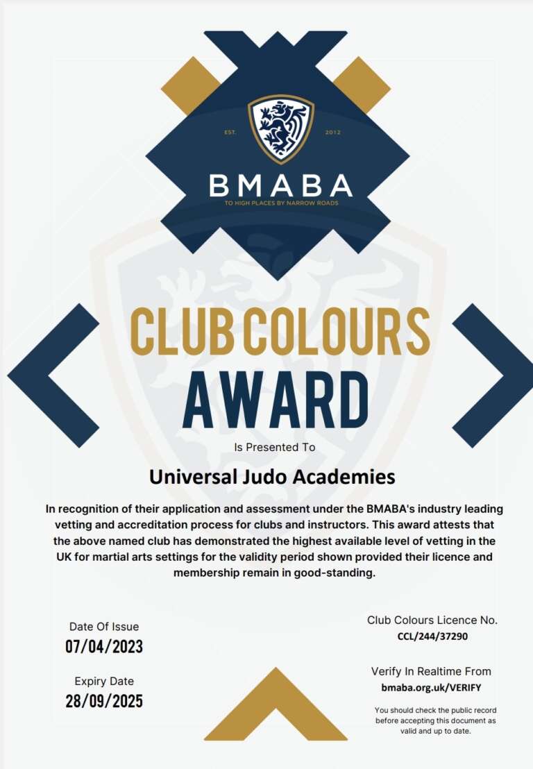 Universal Judo Academies have achieved the british martial arts and boxing association club colours award.