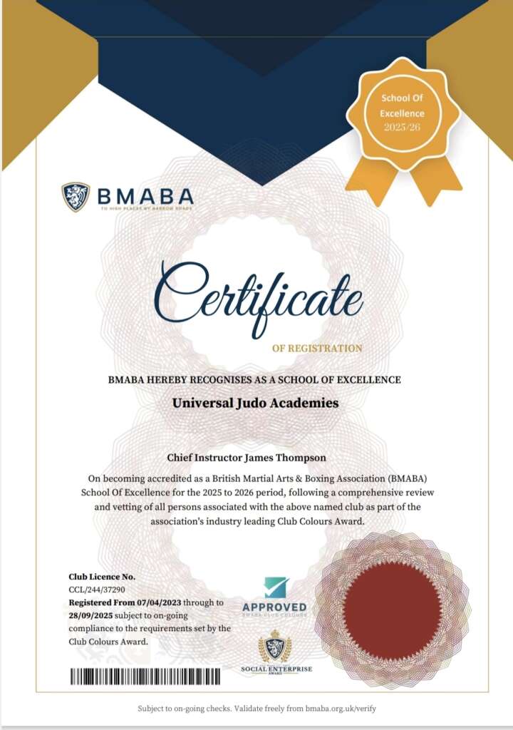 Universal Judo Academies have achieved the british martial arts and boxing association club colours award.